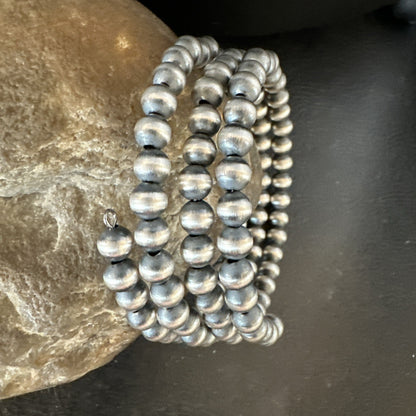 Sterling Silver Navajo Pearls 6mm Beads Stainless Steel Wire Wrap Bracelet 19021