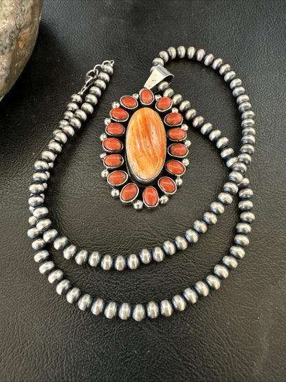 Red Coral Orange Spiny Navajo Sterling Silver Cluster Pendant Necklace 19565