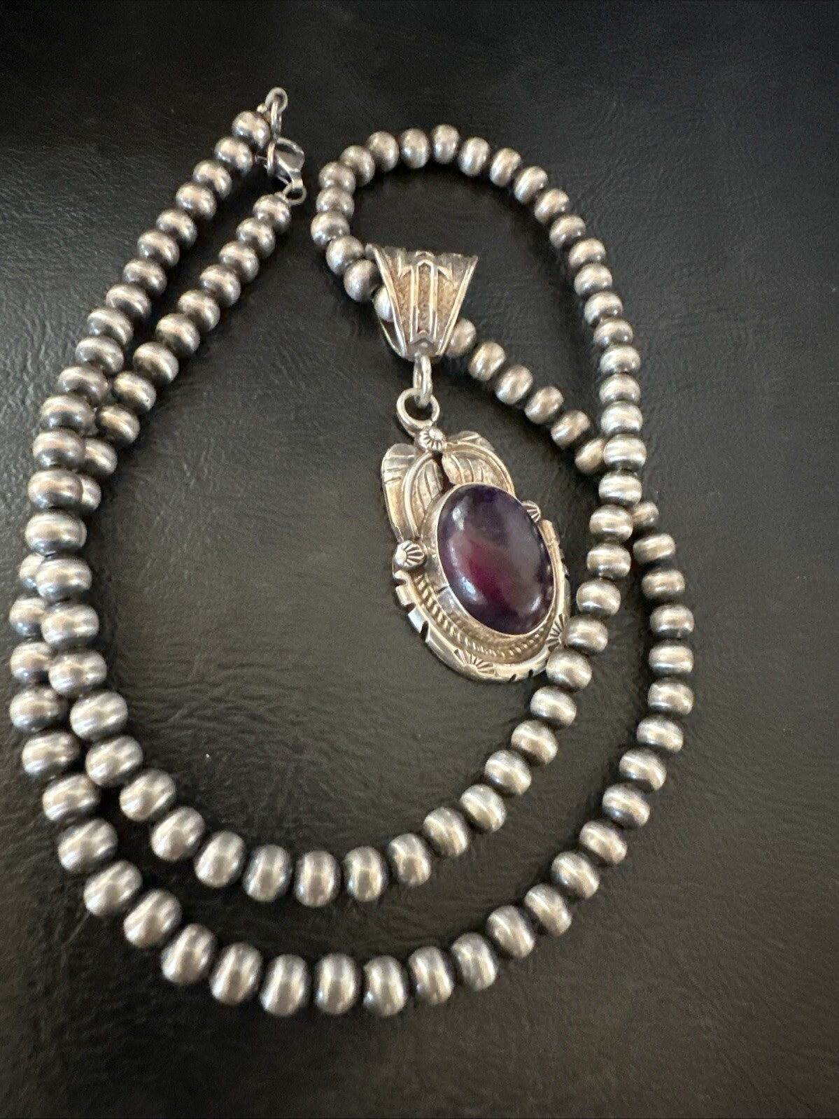Purple Stone Pendant Navajo Pearls Sterling Silver Necklace 20” 18392