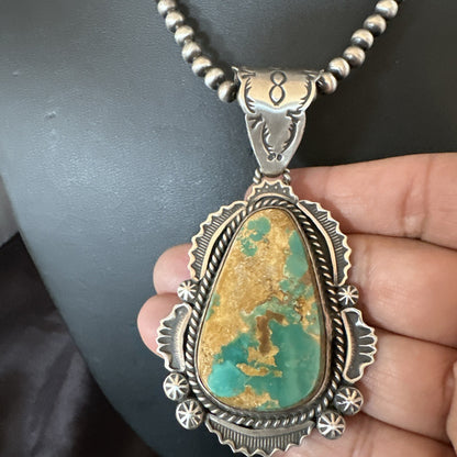 XL Green Royston Turquoise Pendant Navajo Sterling Silver Necklace 18224