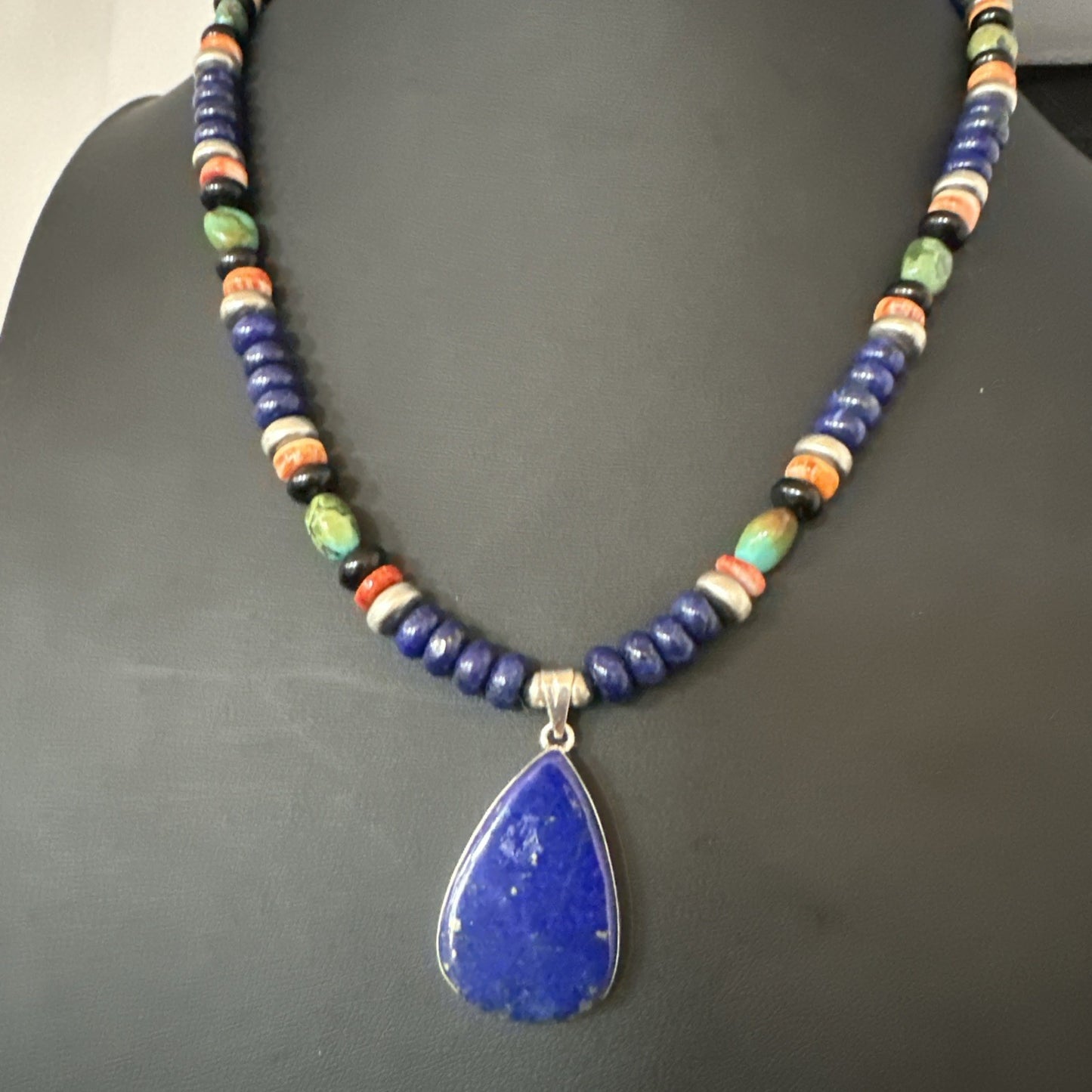 Lapis Turquoise Spiny Necklace Southwestern Sterling Silver Pendant 22” 19470