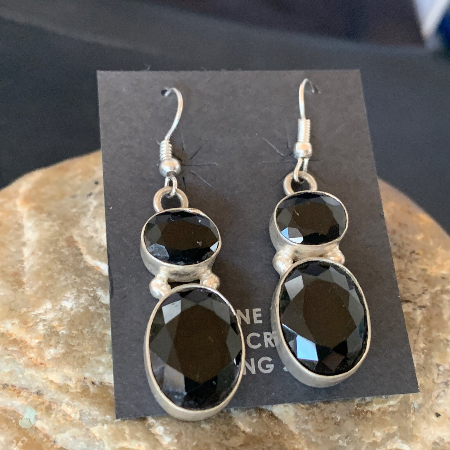 Native Black Smokey Quartz Navajo Sterling Silver Dangle Drop Earrings 12686
