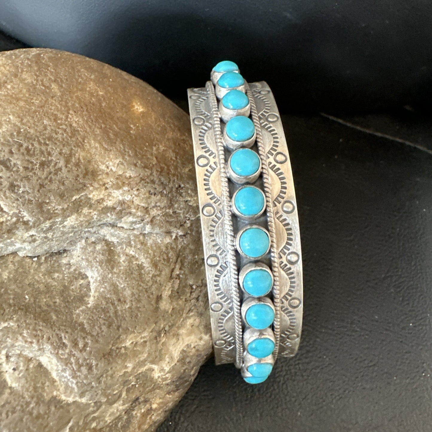 Mens Womens Kingman Turquoise Navajo Sterling Silver Cluster Cuff Bracelet 18865
