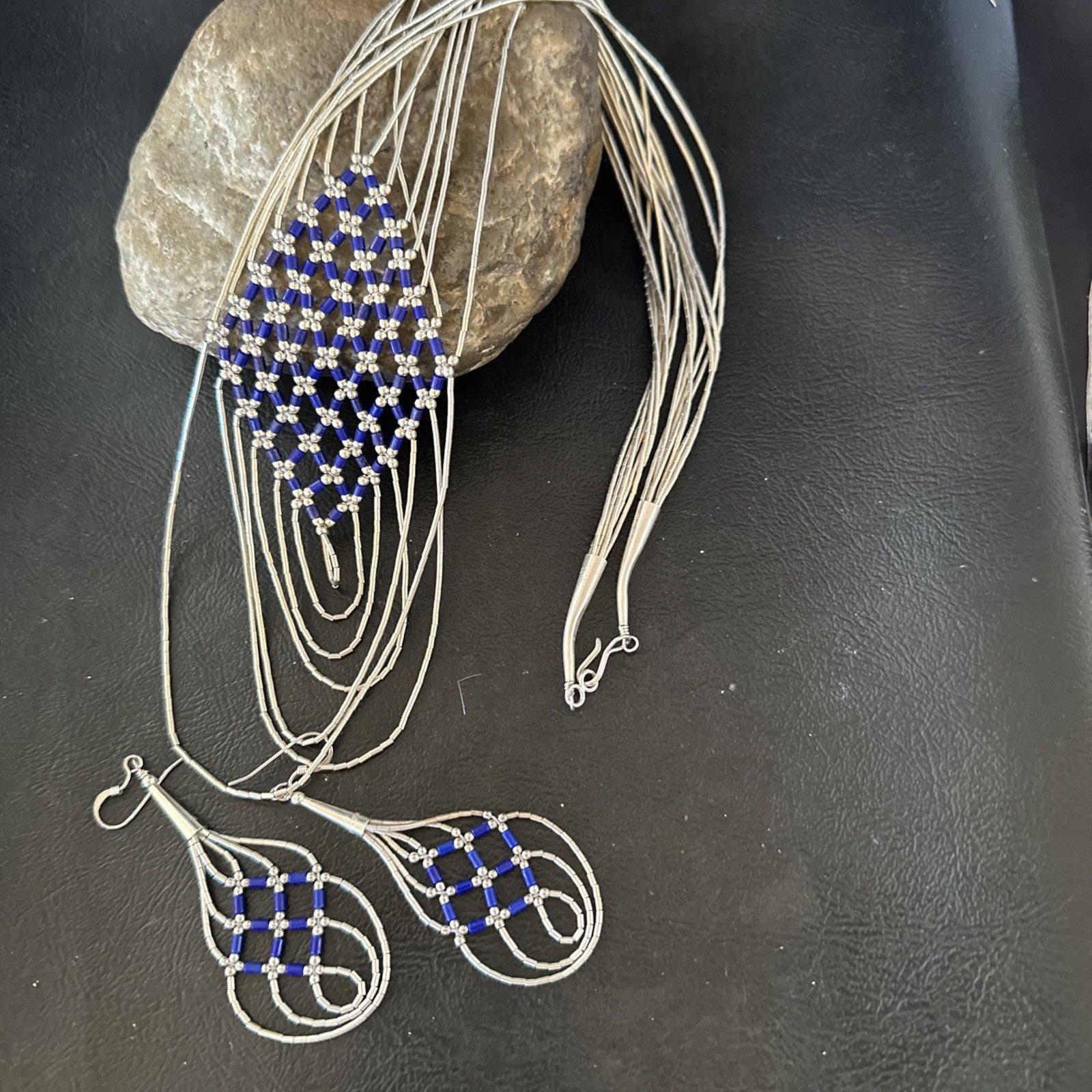 Lapis Heishi Tubes Pendant 7 Strand Sterling Silver Necklace Earrings 19753