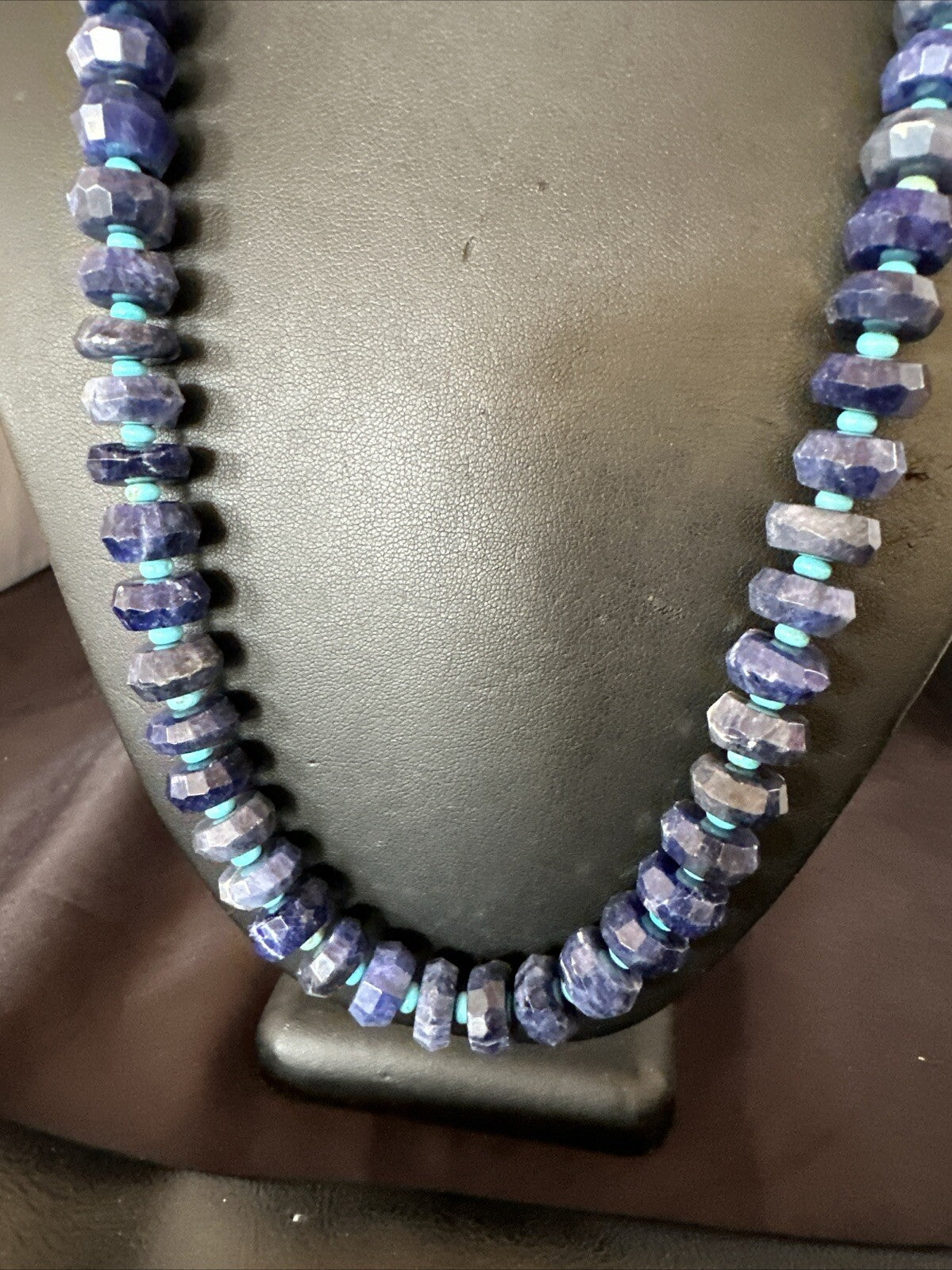 Mens Turquoise 12mm Faceted Lapis Bead Navajo Sterling Silver Necklace 23” 18276