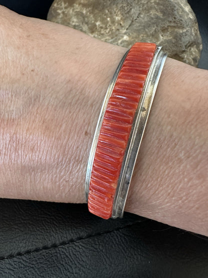 Native American Red Coral Navajo Bracelet Sterling Silver Handmade 19461