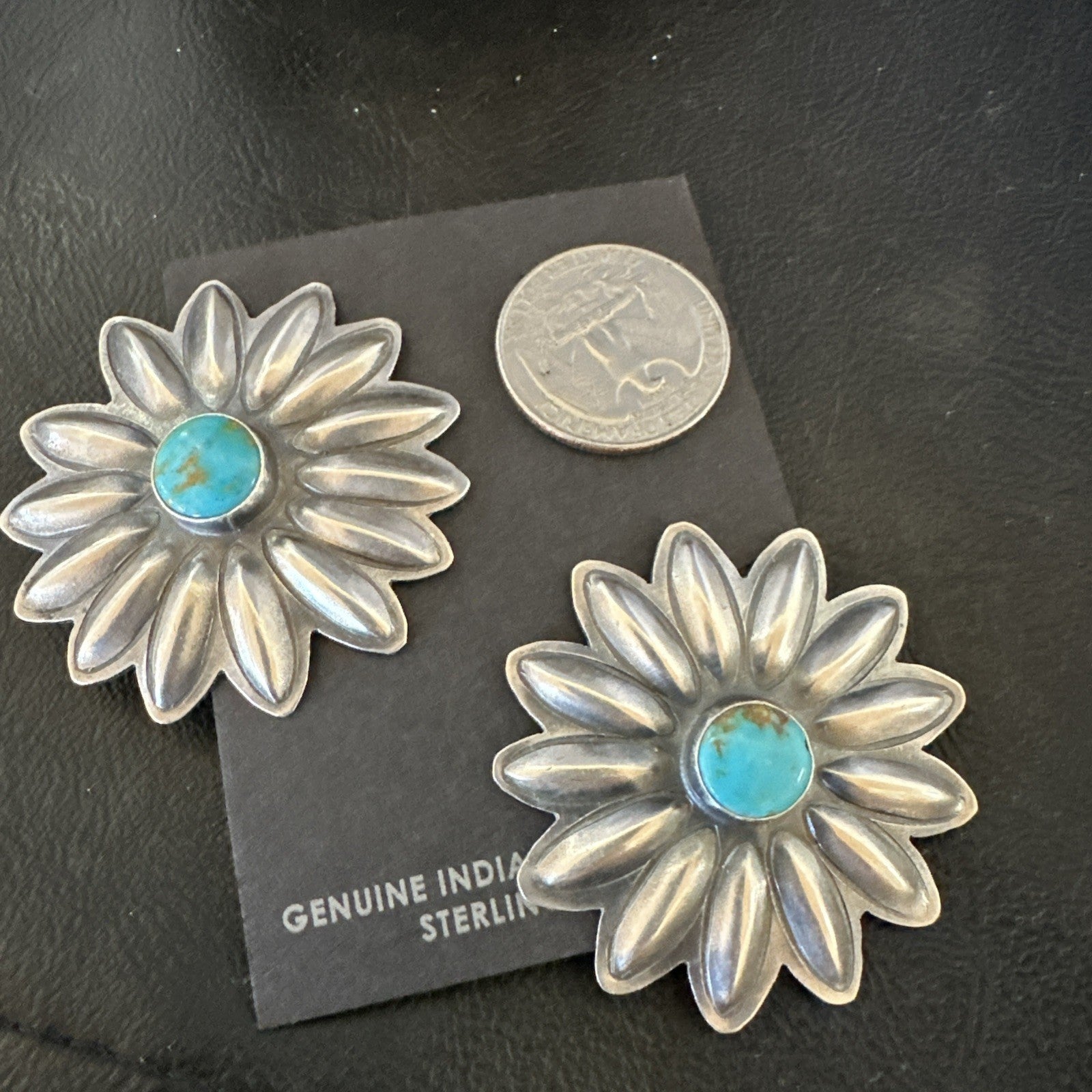 Navajo Blue Turquoise Sterling Silver Stamped Flower Earrings 19083