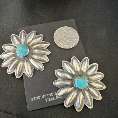 Navajo Blue Turquoise Sterling Silver Stamped Flower Earrings 19083