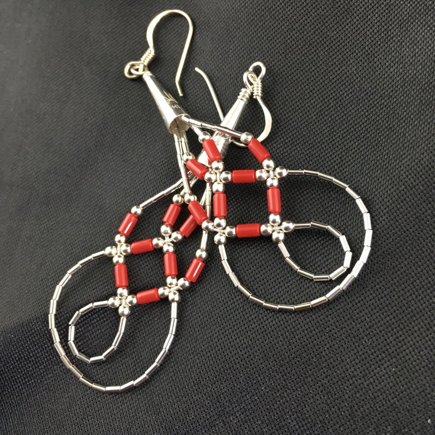 Native Red Coral Tube Heishi Dangle Liquid Sterling Silver Earrings 2" 03104