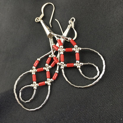 Native Red Coral Tube Heishi Dangle Liquid Sterling Silver Earrings 2" 03104