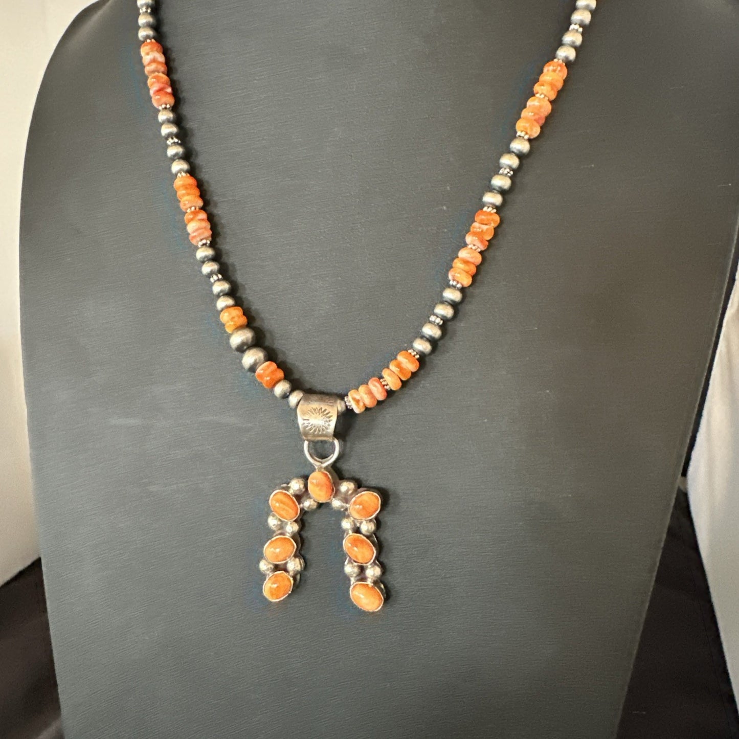 Orange Spiny Oyster Naja Pendant Navajo Pearls Sterling Silver Necklace 19669
