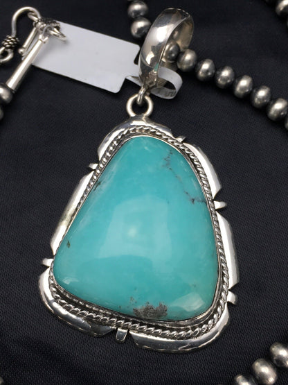 Mens Blue Turquoise Pendant Navajo Pearls Sterling Silver Necklace 03915