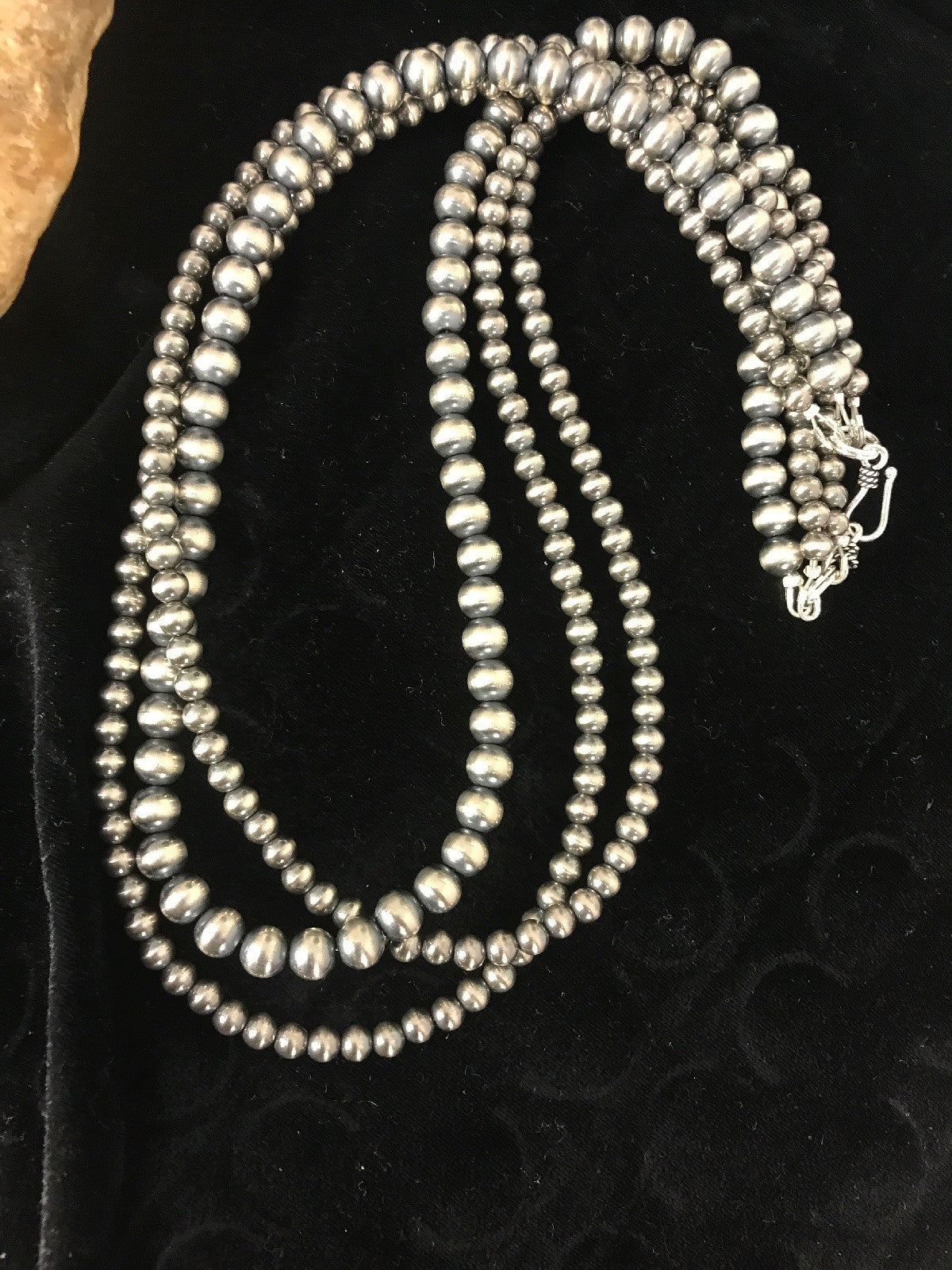 Native American 4, 5, 6 mm Sterling Silver Beads Navajo 3 Strand 18” Necklace