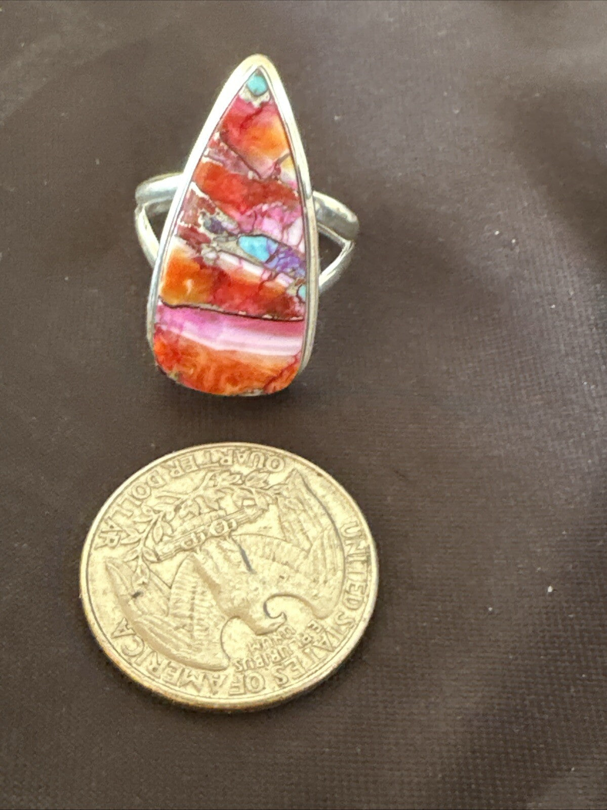 Blue Turquoise Spiny Oyster Southwestern Sterling Silver Ring Size 8.5 18545