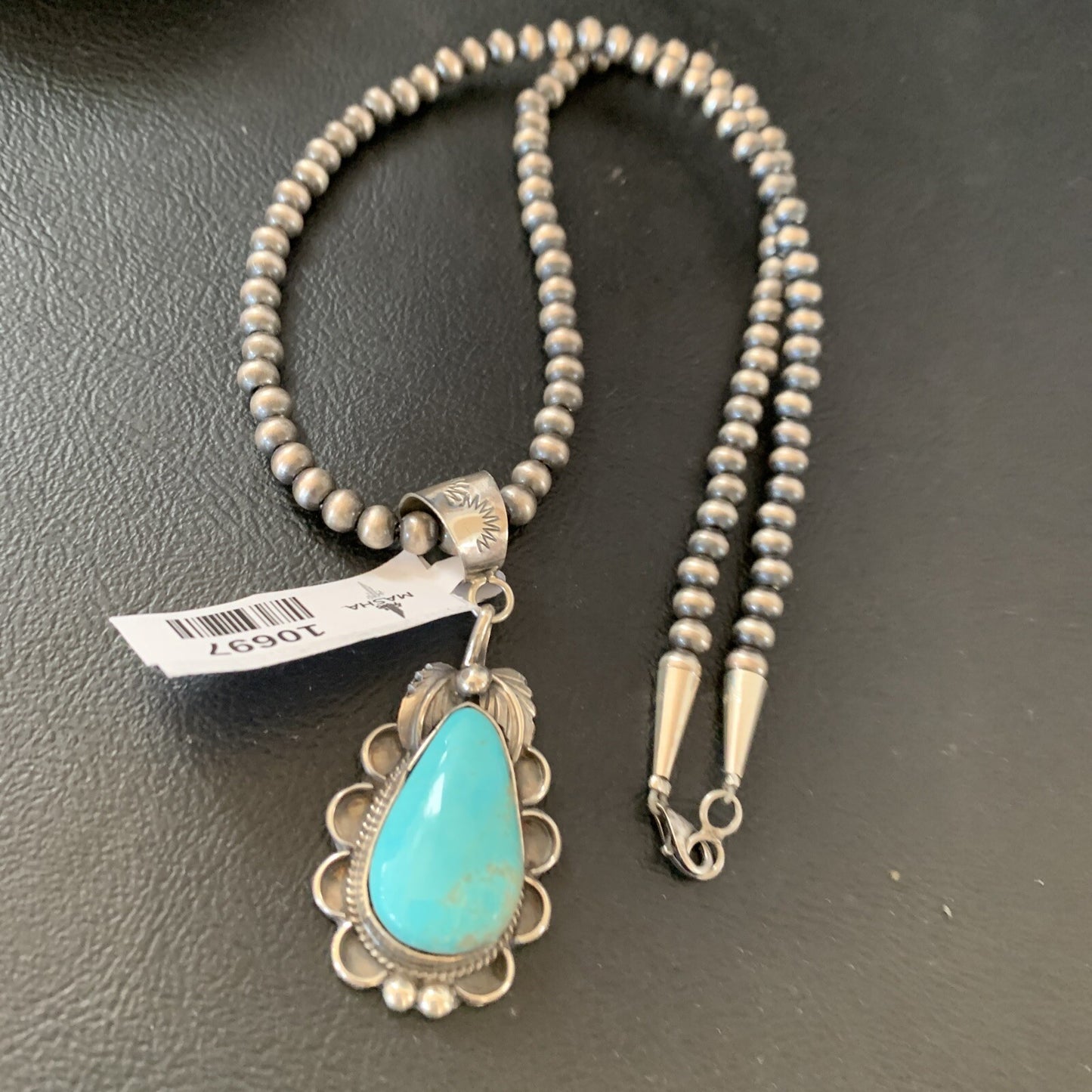 Mens Blue Kingman Turquoise Pendant Navajo Pearls Sterling Necklace 10697N