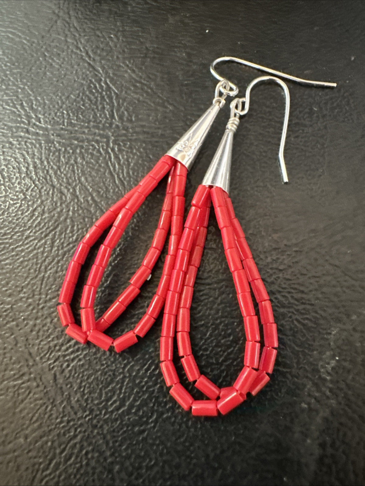 Native Red Coral Heishi Tube Liquid Sterling Silver Dangle Earrings 2" 4399