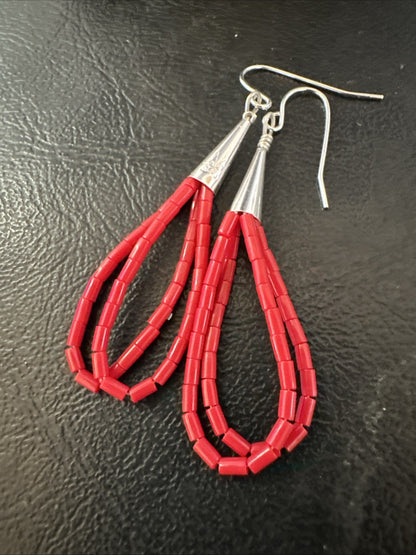 Native Red Coral Heishi Tube Liquid Sterling Silver Dangle Earrings 2" 4399