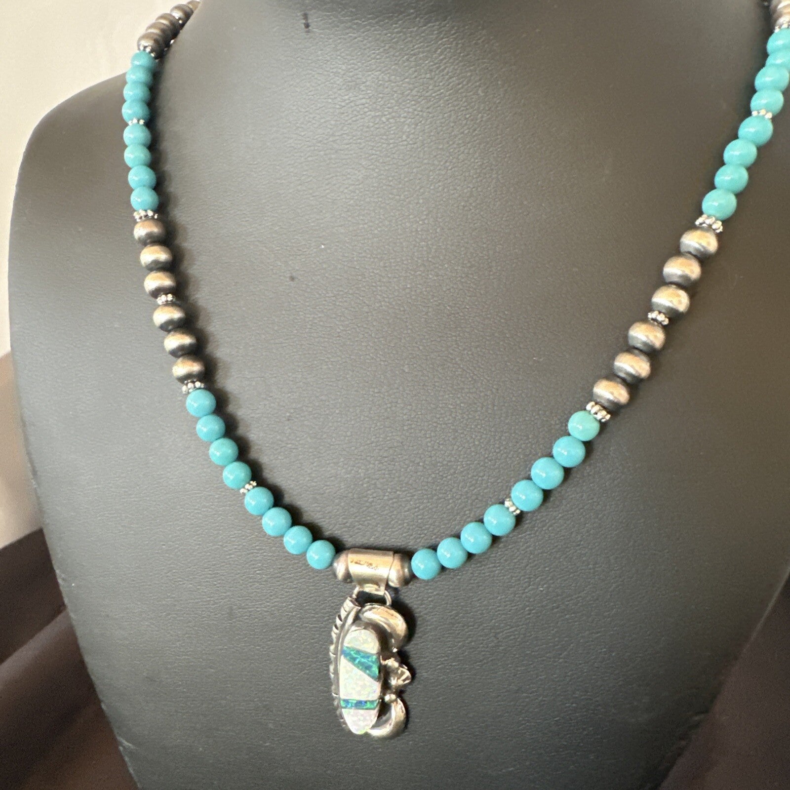Blue Opal Pendant Turquoise Navajo Sterling Silver Necklace 23" 18735