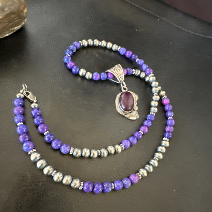 Purple Stone Pendant Navajo Pearls Sterling Silver Necklace 18389