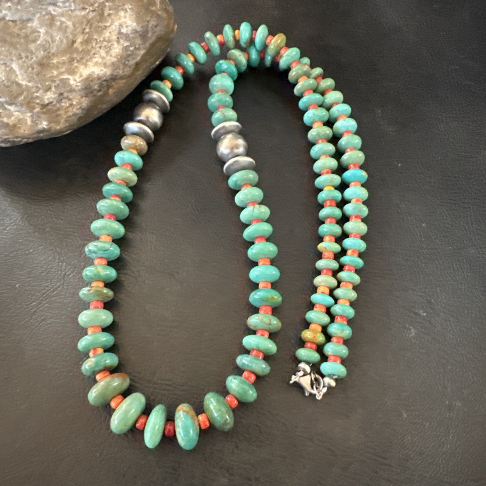 Green Turquoise Spiny Navajo Pearls Sterling Silver Necklace 26” 19682