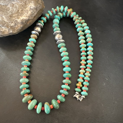 Green Turquoise Spiny Navajo Pearls Sterling Silver Necklace 26” 19682