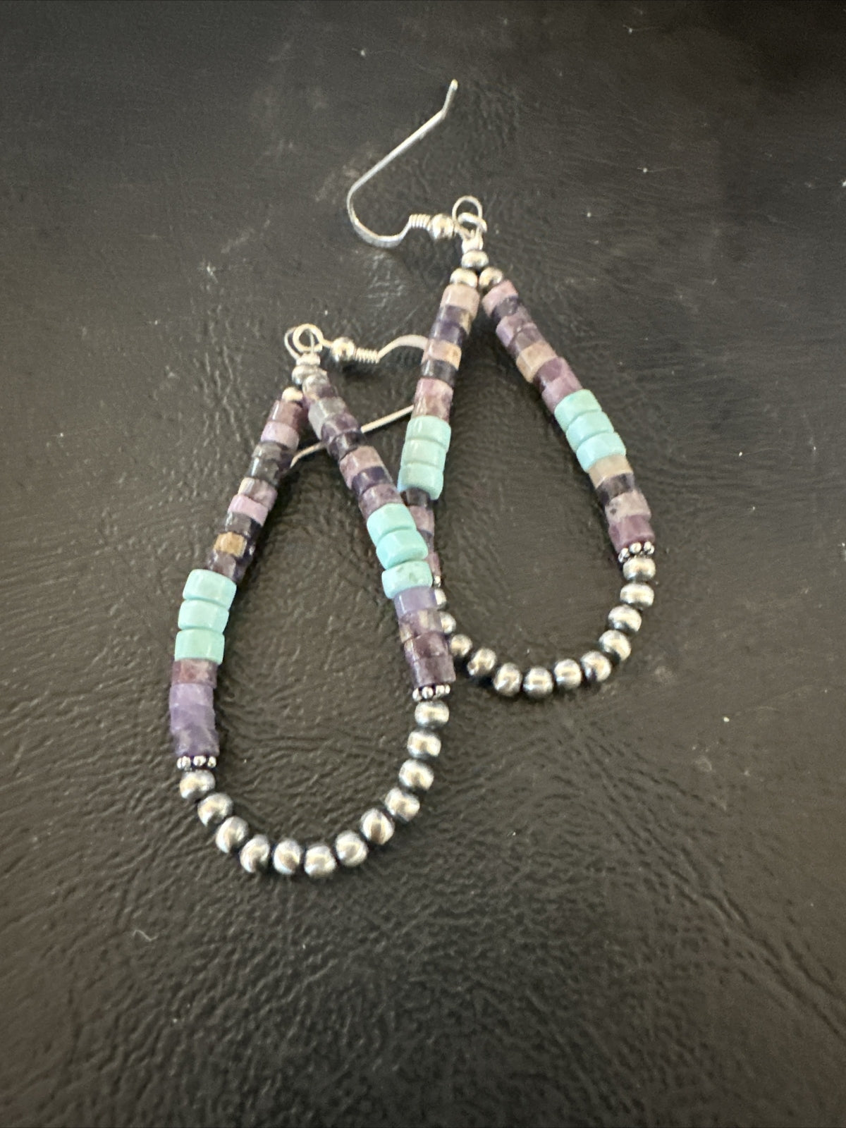Blue Turquoise Purple Ston Heishi Sterling Silver Navajo Beads Earrings 2" 17838