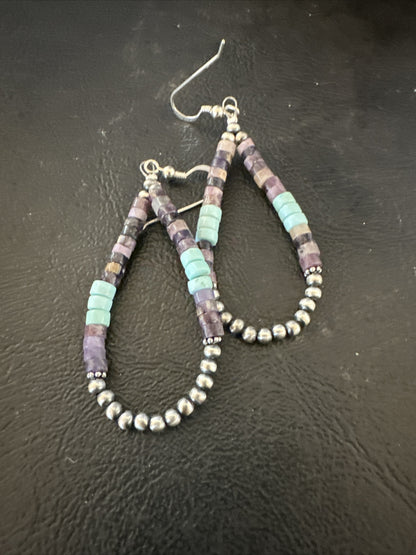 Blue Turquoise Purple Ston Heishi Sterling Silver Navajo Beads Earrings 2" 17838