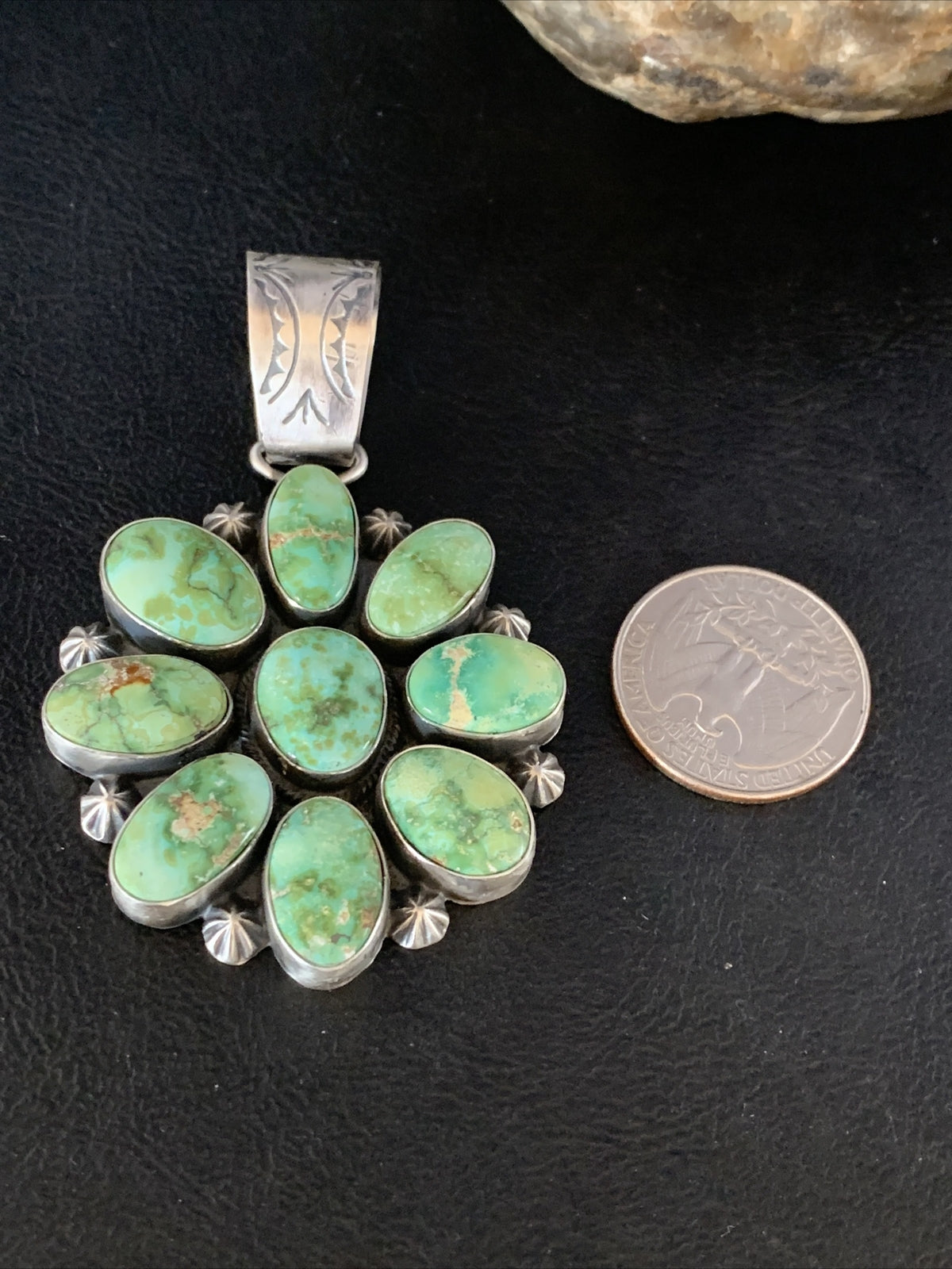 Green Sonoran Gold Turquoise Navajo Sterling Silver Cluster Pendant 14070