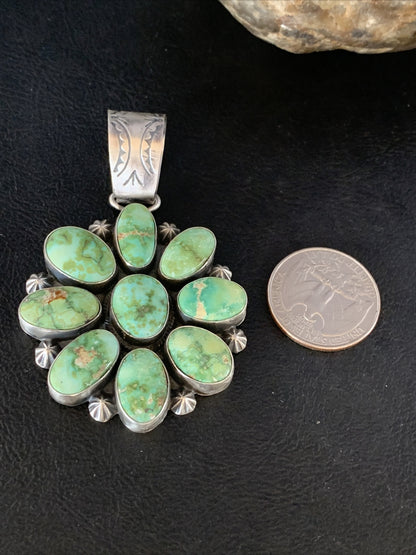 Green Sonoran Gold Turquoise Navajo Sterling Silver Cluster Pendant 14070