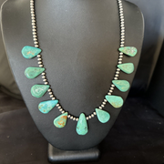 Blue Turquoise Teardrop Navajo Pearls Necklace | Sterling Silver | Authentic Native American Handmade | 14387