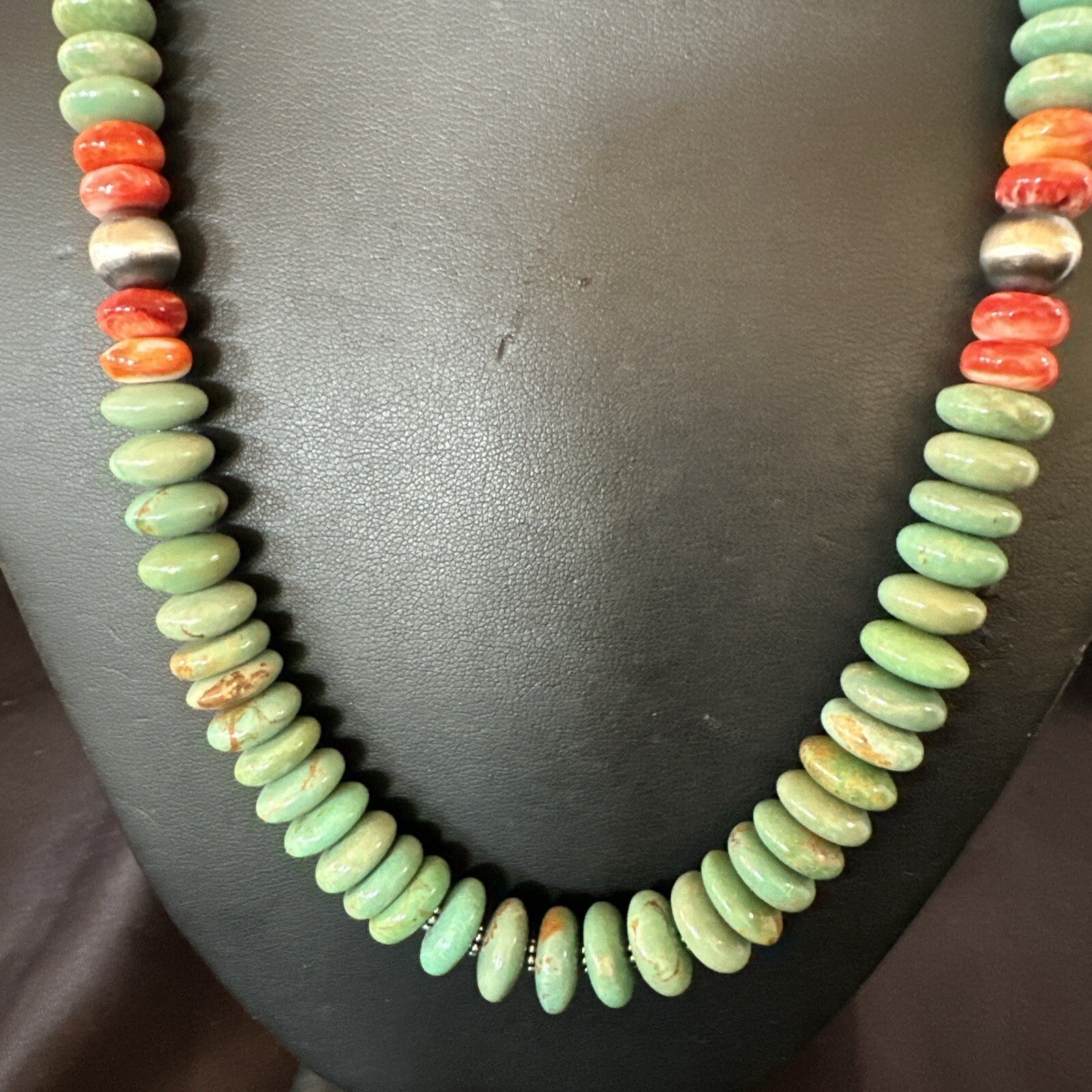 Green Turquoise Spiny Oyster Sterling Silver Beads Necklace 18302