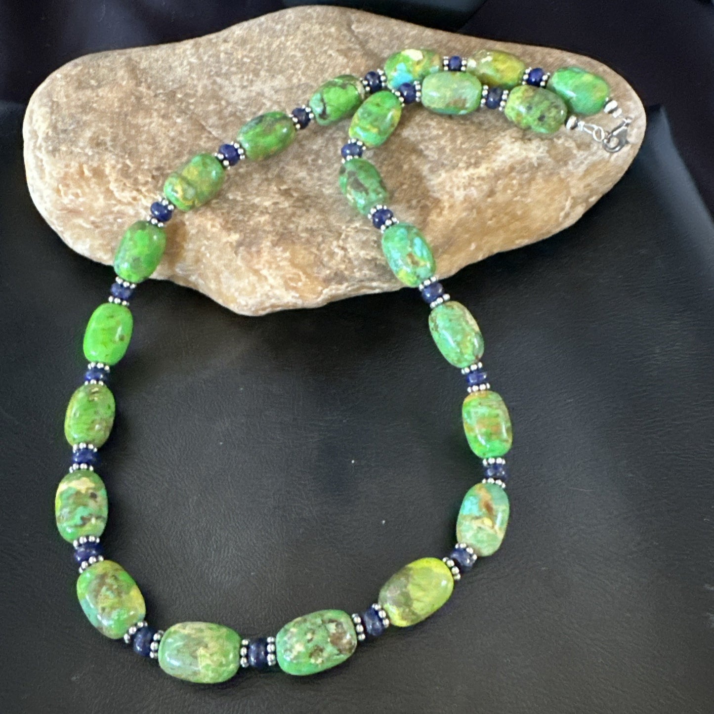 Green Turquoise Lapis Nugget Southwestern Sterling Silver Necklace 22" 19249