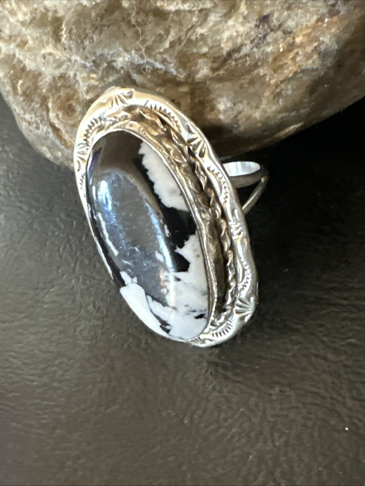 Black White Buffalo Turquoise Navajo Sterling Silver Ring Size 9.5 19809