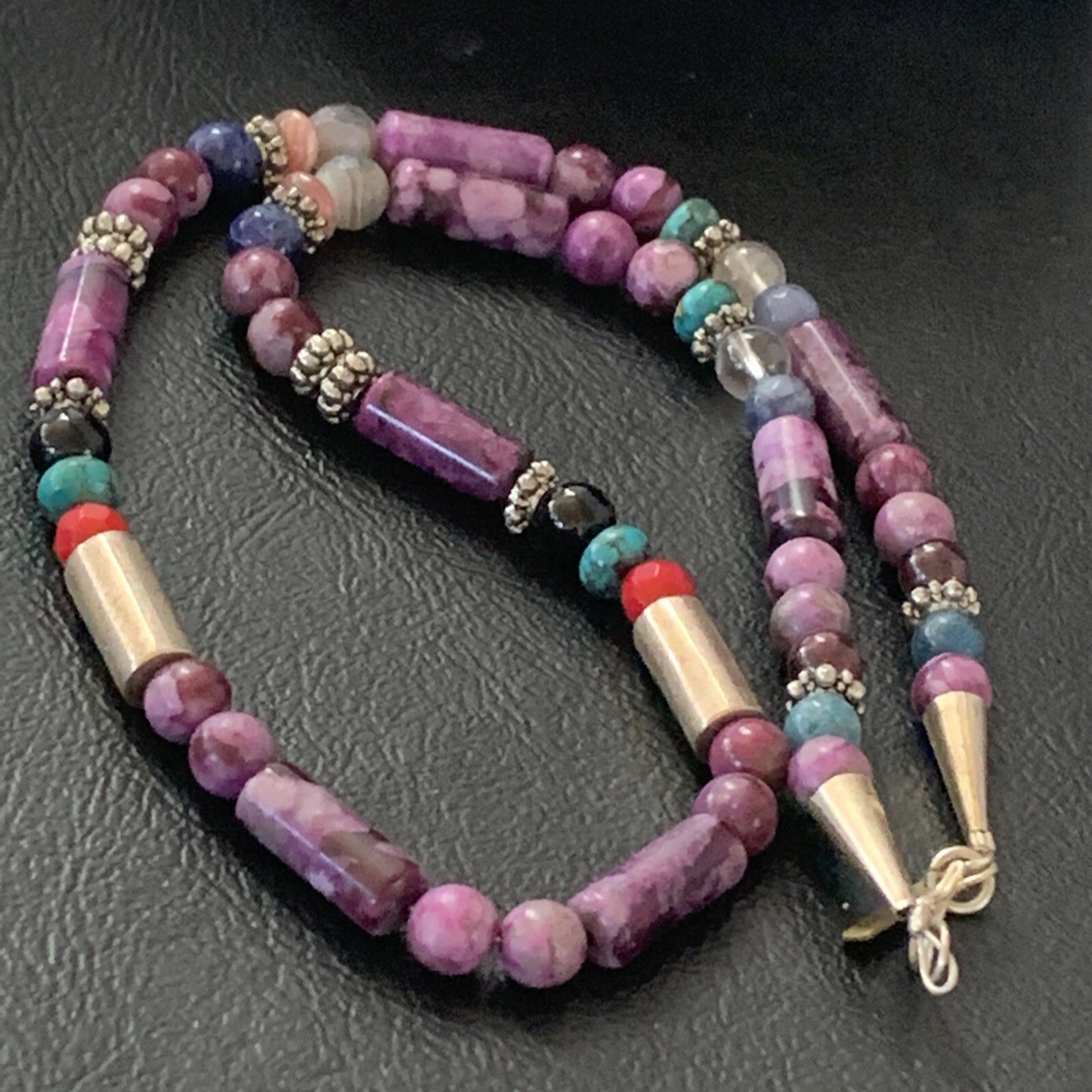 Turquoise Purple Stone & Coral Beads Navajo Sterling Silver Necklace 10391