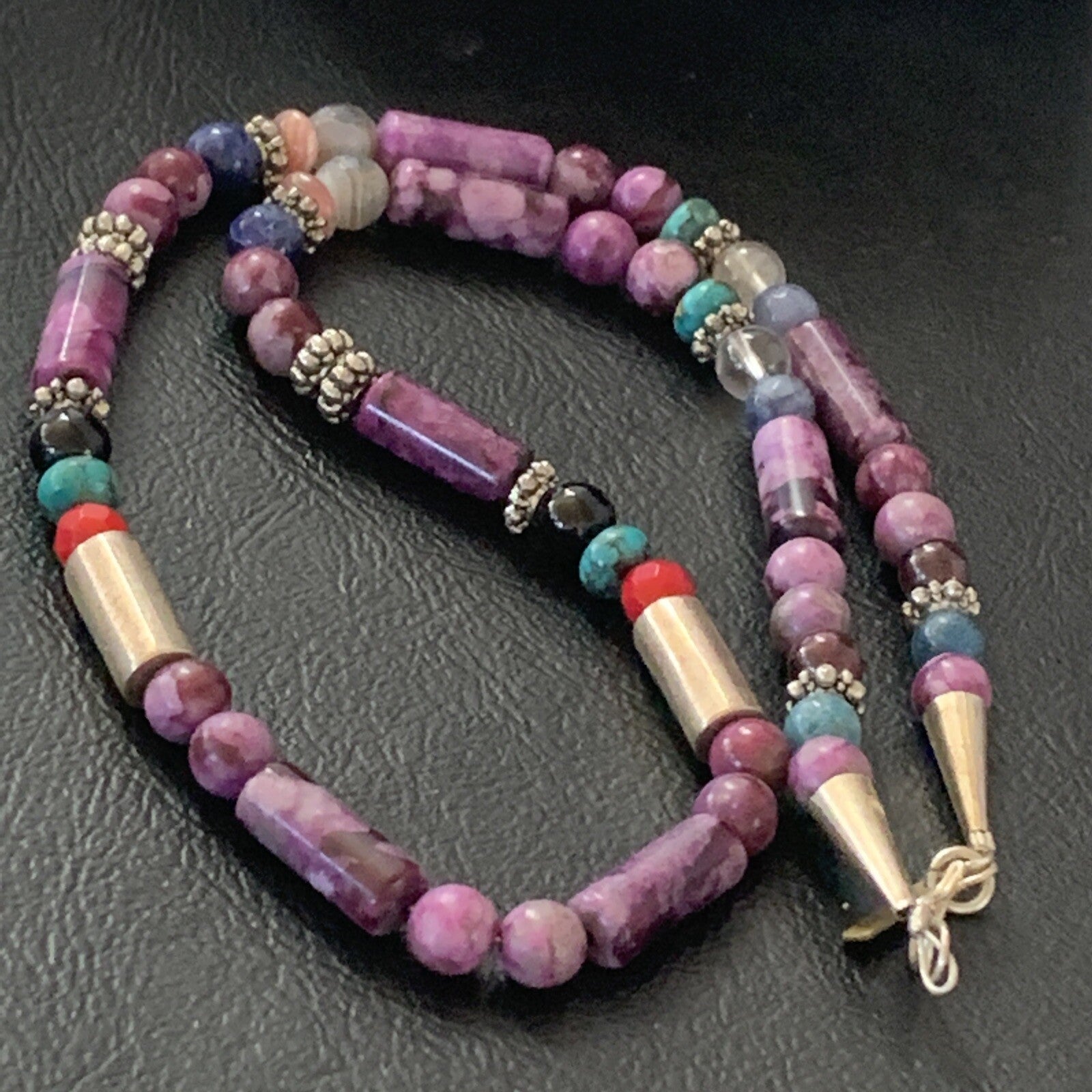 Turquoise Purple Stone & Coral Beads Navajo Sterling Silver Necklace 10391