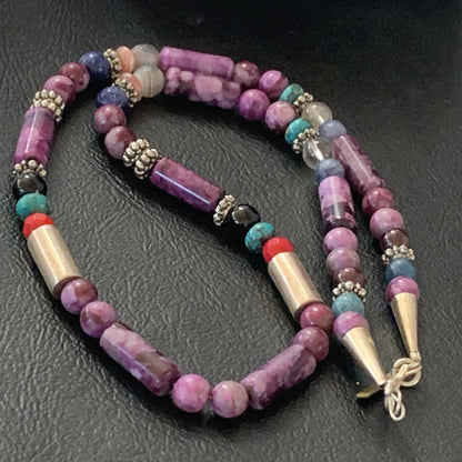 Turquoise Purple Stone & Coral Beads Navajo Sterling Silver Necklace 10391