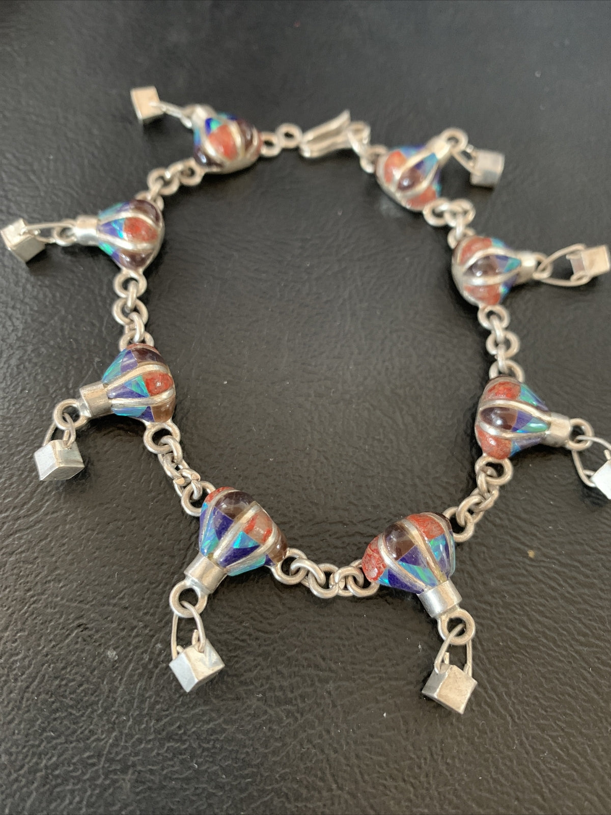 Blue Opal Coral Balloon Navajo Sterling Silver Link Inlay Bracelet 7.5" 12924