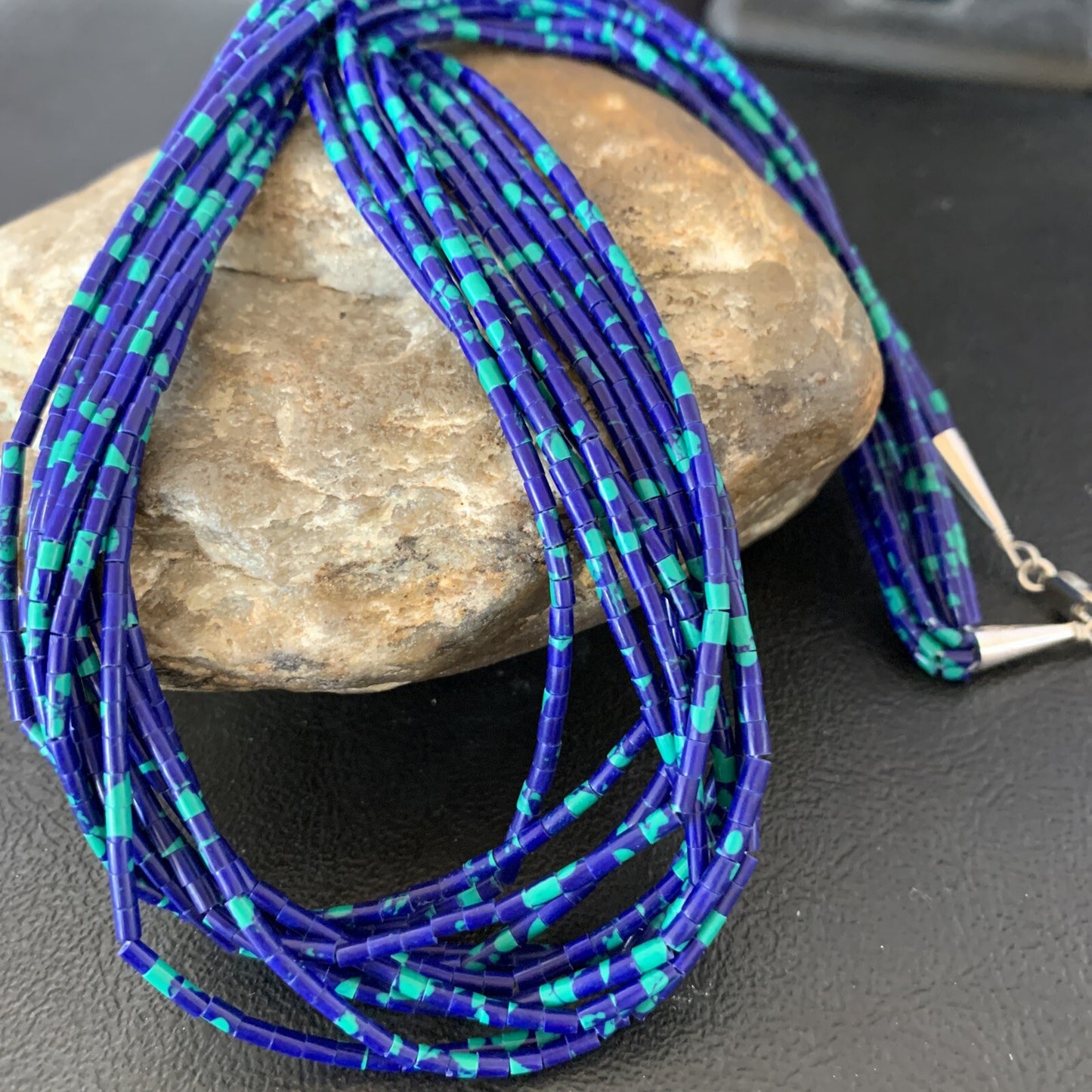 Blue Green Azurite Heishi 10Strand Stabilized Sterling Silver Necklace 20” 10349