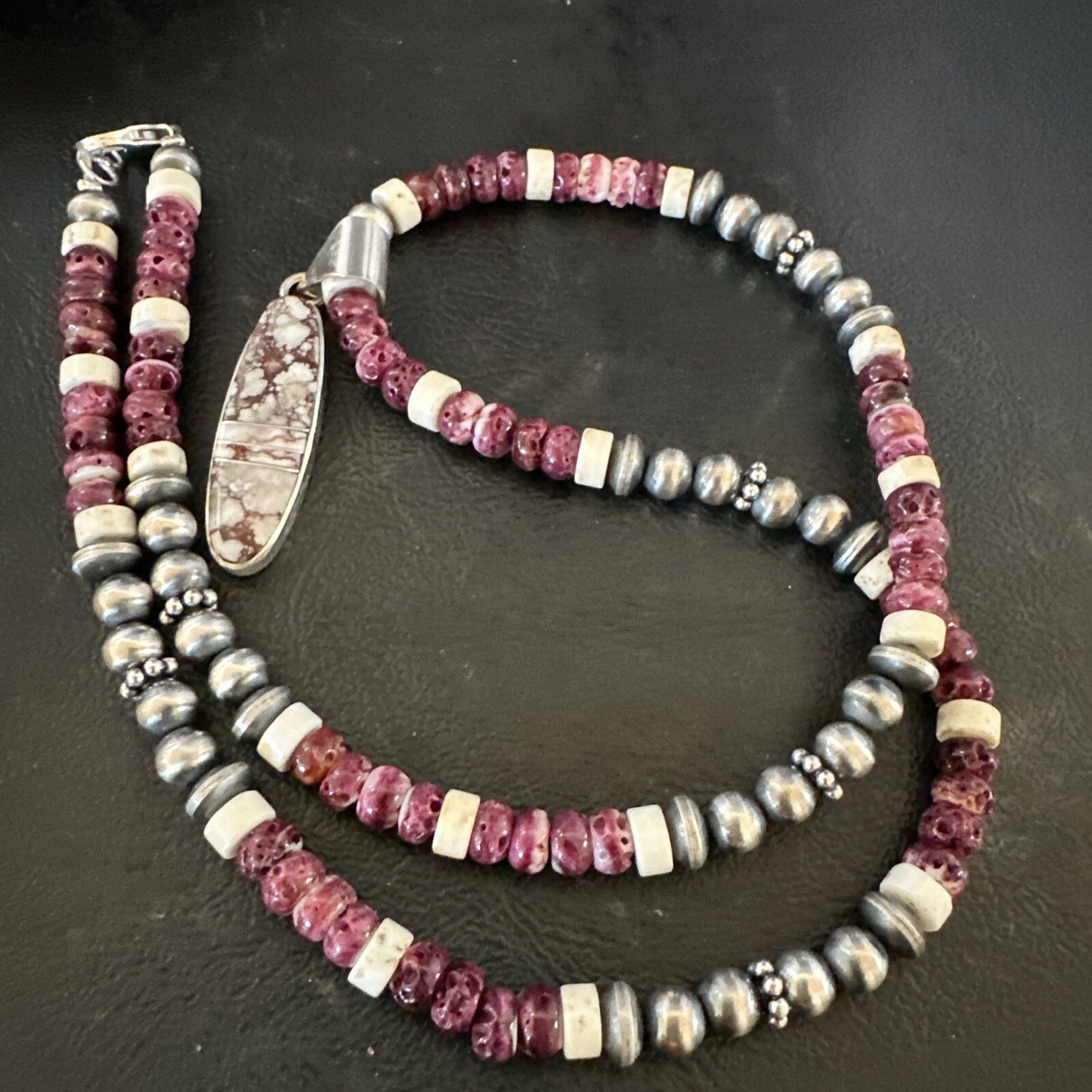 Purple Spiny Oyster Wild Horse Pendant Navajo Sterling Silver Necklace 17796