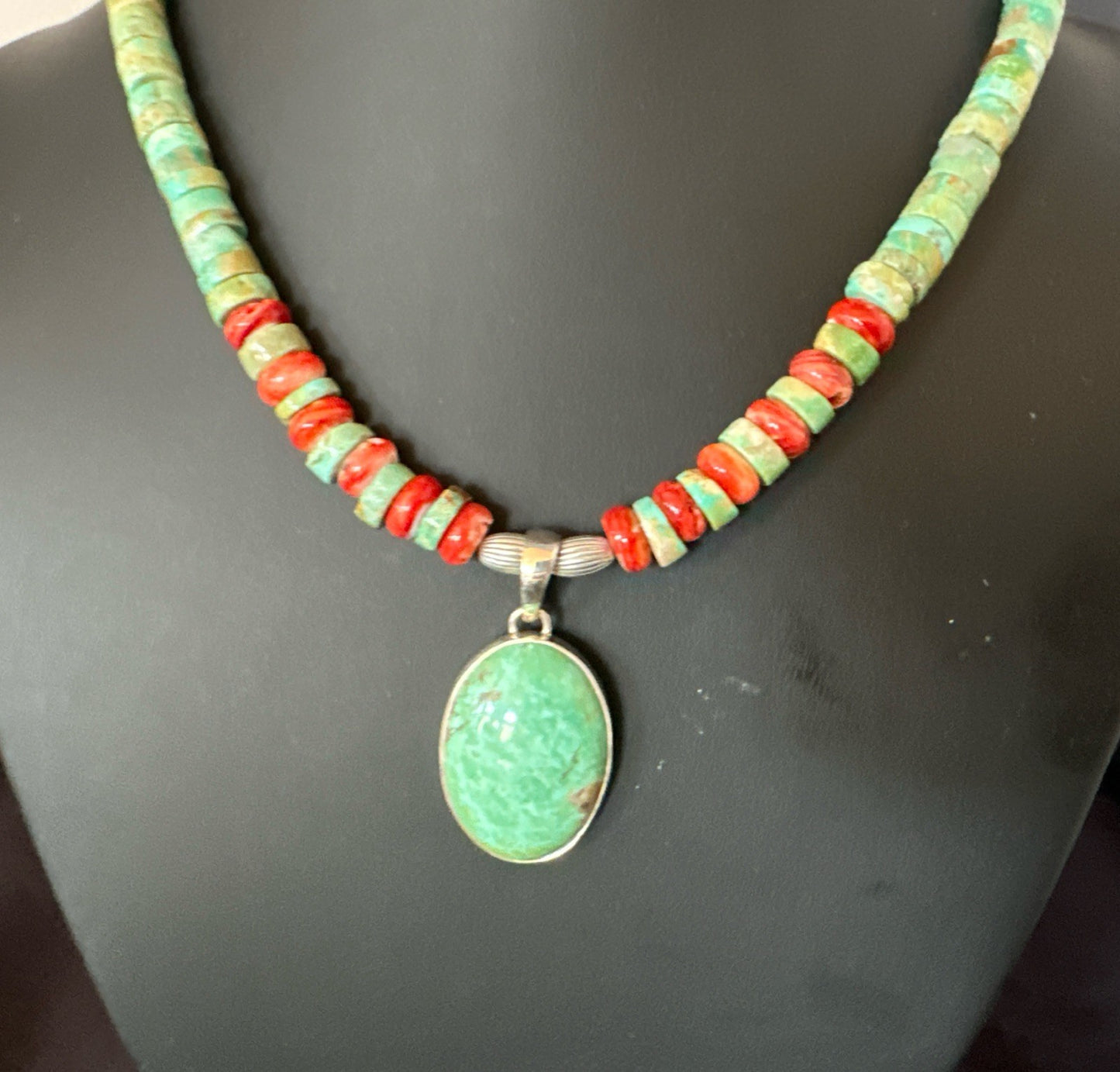 Green Turquoise Pendant Spiny Navajo Sterling Silver Heishi Necklace 21" 19204