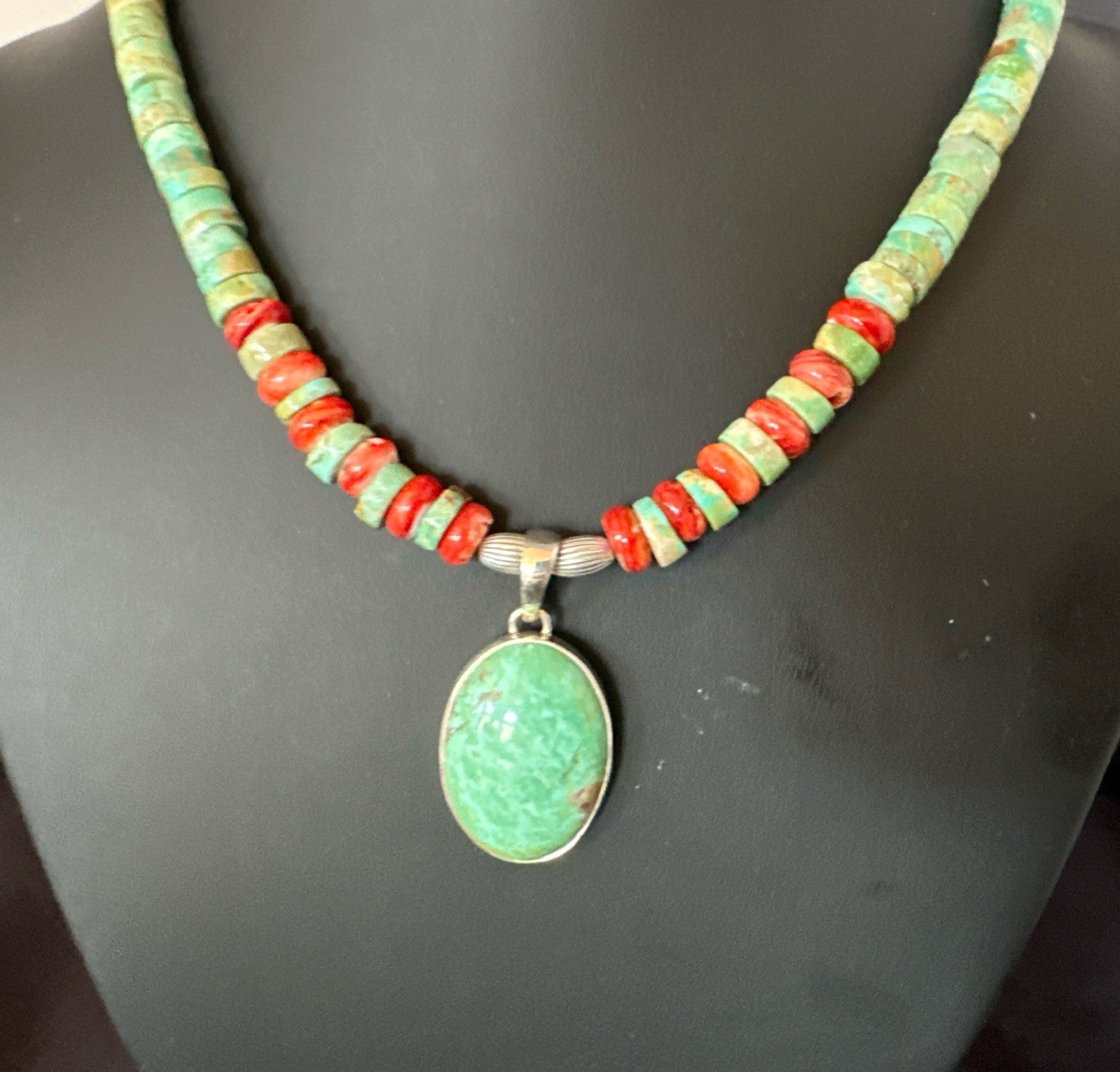 Green Turquoise Pendant Spiny Navajo Sterling Silver Heishi Necklace 21" 19204