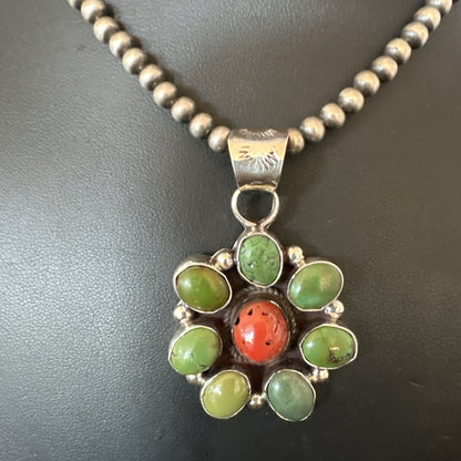 Navajo Sterling Cluster Red Turquoise Pendant Necklace 17711