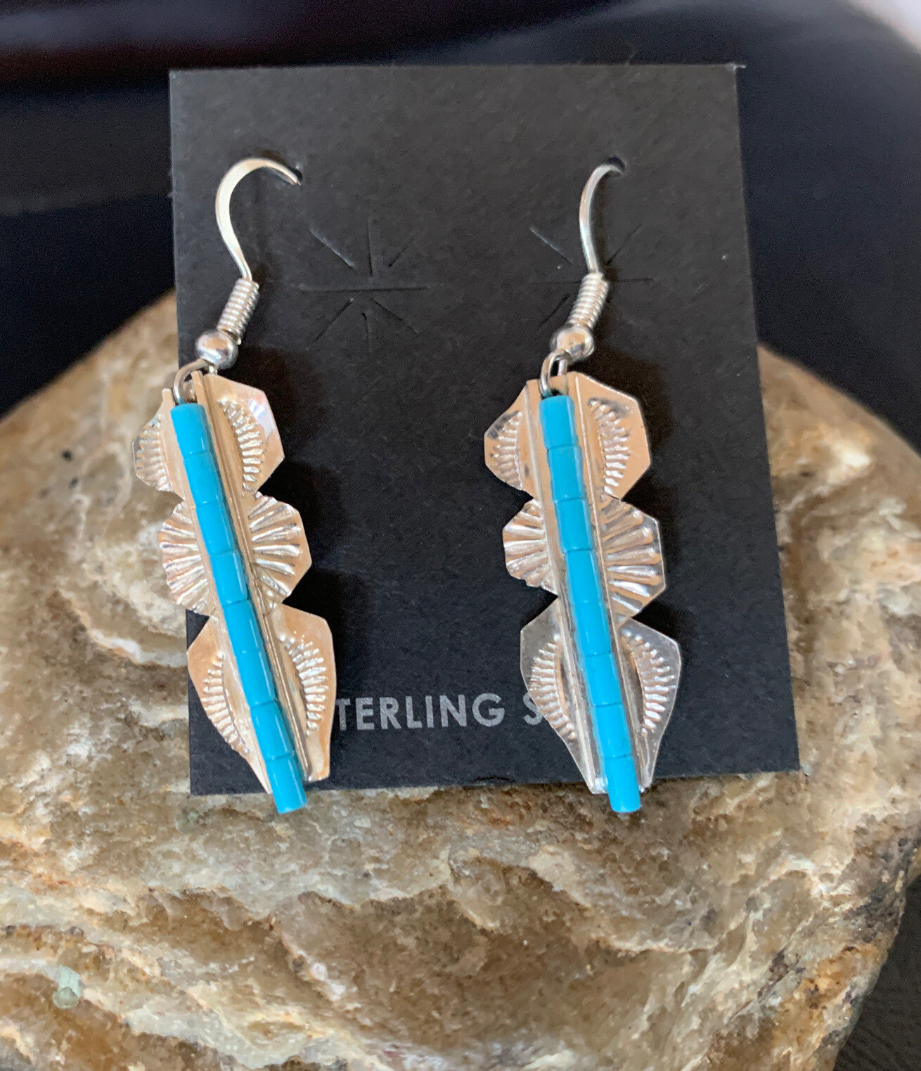 Blue Turquoise Sterling Silver Navajo Handmade Inlay Feather Earrings 13063