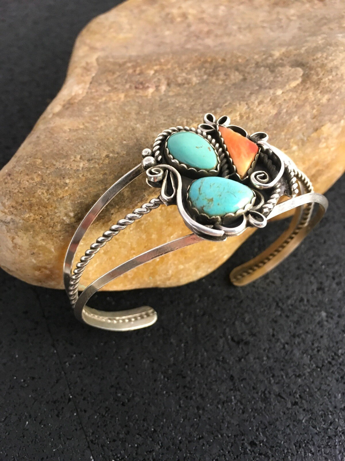 Spiny Oyster & Turquoise Navajo Sterling Silver Bracelet 08846