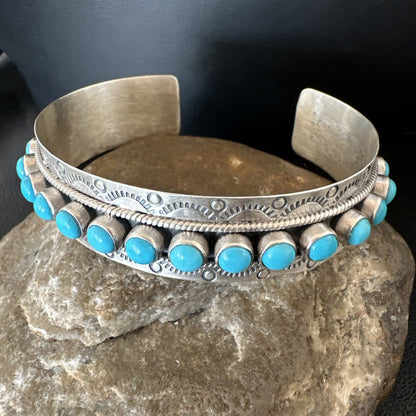 Mens Womens Kingman Turquoise Navajo Sterling Silver Cluster Cuff Bracelet 18865