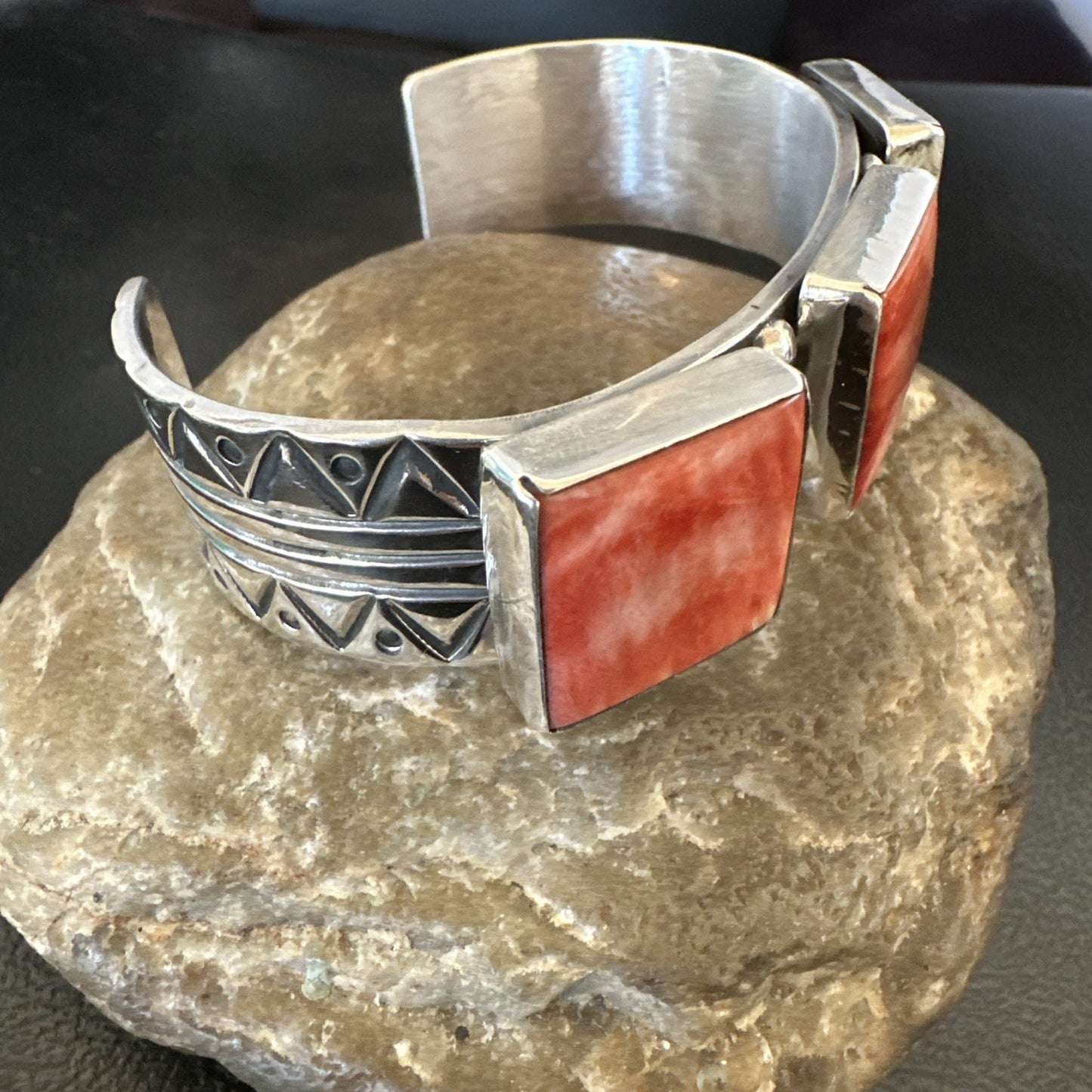 Red Spiny 3 Stone Sterling Silver Navajo Cuff Bracelet 7.7" 19487