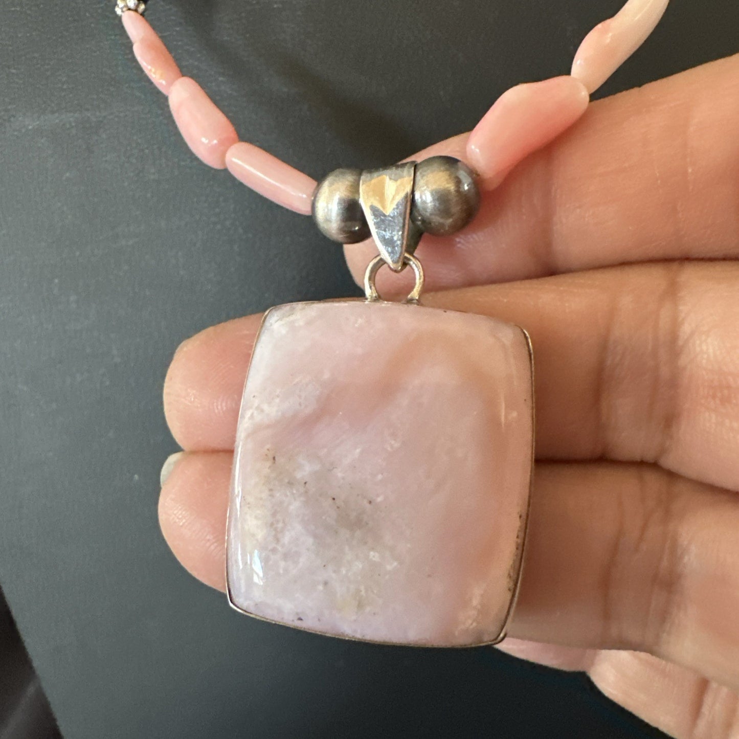 Southwestern Sterling Silver Pink Coral Bead Necklace Quartz Pendant 24" 19591