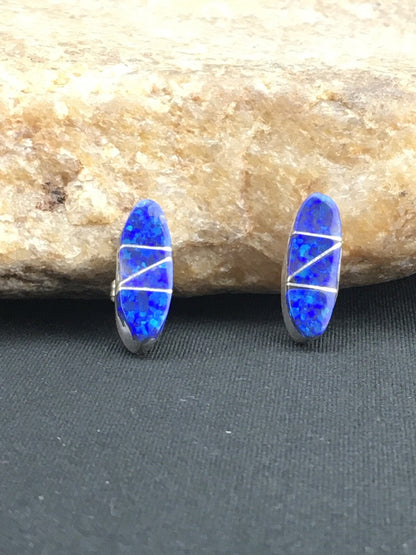Navajo Indian Sterling Silver Handmade Blue Opal Inlay Earrings 0.75" 1331