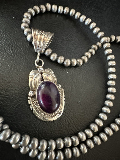 Purple Stone Pendant Navajo Pearls Sterling Silver Necklace 20” 18392