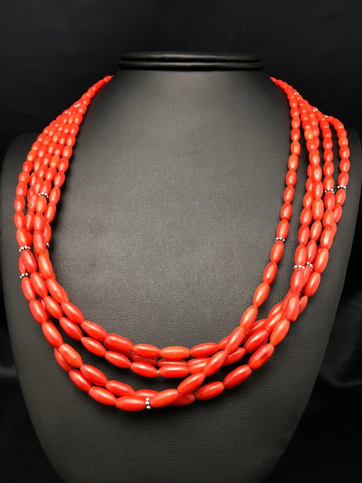 Red Bamboo Coral 5 Strand Navajo Pearls Sterling Silver Necklace 22" 04165